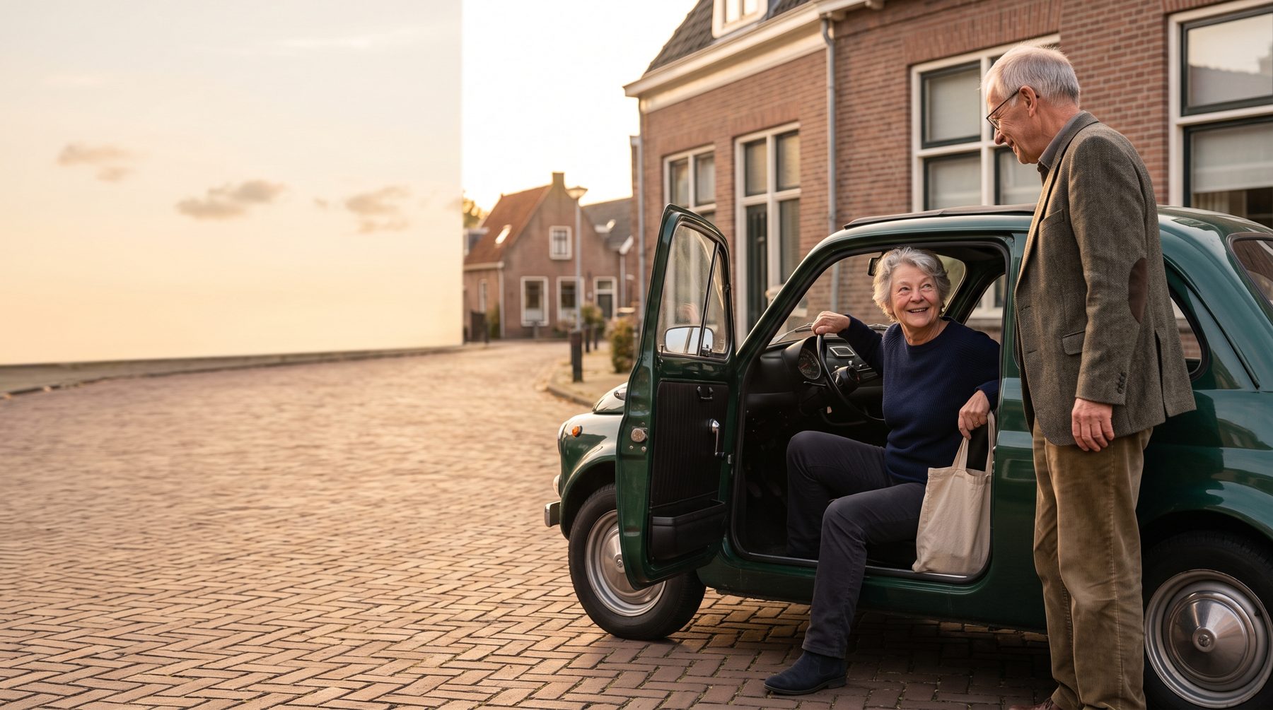 Een ouder echtpaar bij hun auto in de late middagzon.