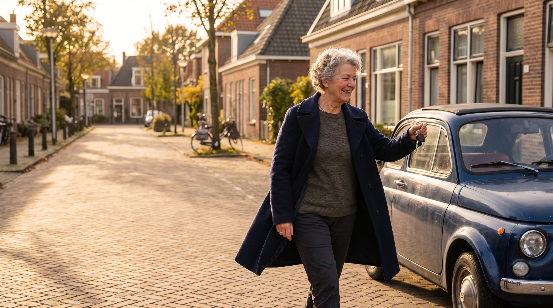 Lachende vrouw met haar autosleutels in de hand naast haar auto.